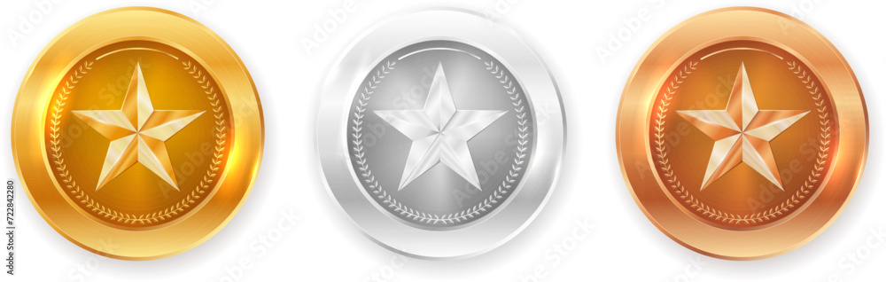 © Jaroslav Machacek - Set of three circle shiny metal badge frames with star and laurel wreath. Golden, silver and bronze version. © Jaroslav Machacek - Set of three circle shiny metal badge frames with star and laurel wreath. Golden, silver and bronze version.