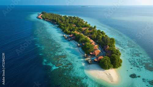 Aerial View of Luxury Resort Bungalows Along the Shore