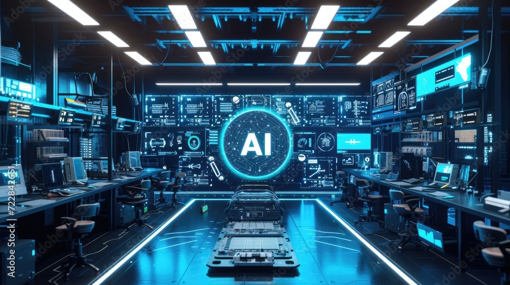 High Tech Lab with AI Chip and surrounded by various electronic devices ...