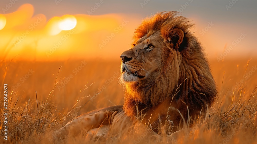 a majestic lion in african sunset savannah
