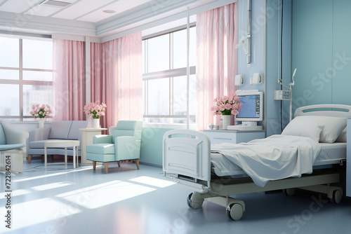 Serene hospital room with natural light and comfortable furniture during the day.