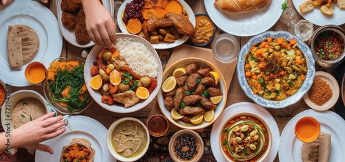 Breaking Fast, Ramadan iftar dinning table. Top view of muslim family celebrate Eid together share a meal photo