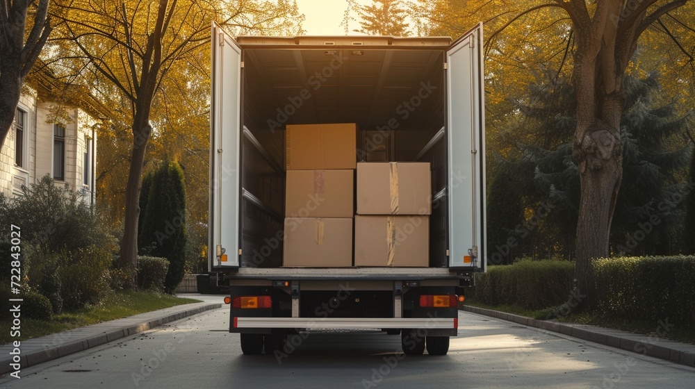 Open car trunk with moving boxes outdoors closeup, moving services, moving car outside the home, moving object service, moving house service