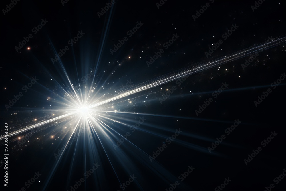 Fototapeta premium Lens flare effect on black background: white sparkling light rays for creative design projects