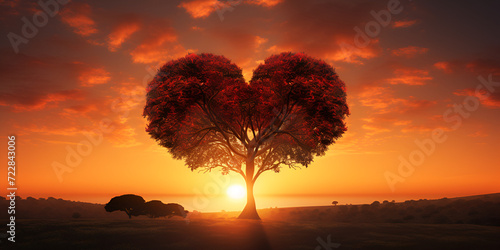 heart shaped tree with beautiful sunset,Romantic Sunset Silhouette Heart Shaped Tree,Love in Nature Sunset Embrace with Heart Tree.