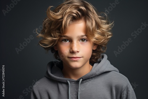 Portrait of a cute little boy with blond curly hair. Studio shot.