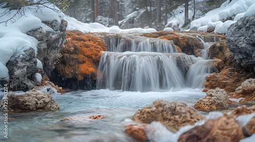 A waterfall, with snowmelt cascading down rocks as the background, during the spring thaw