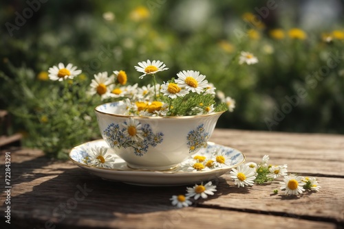 Chamomile Flowers In Teacup On Wooden Table In Garden