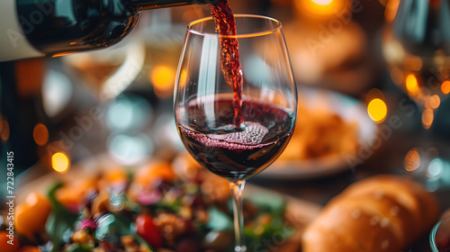 Red wine being poured into a glass with a blurred dinner setting in the background.