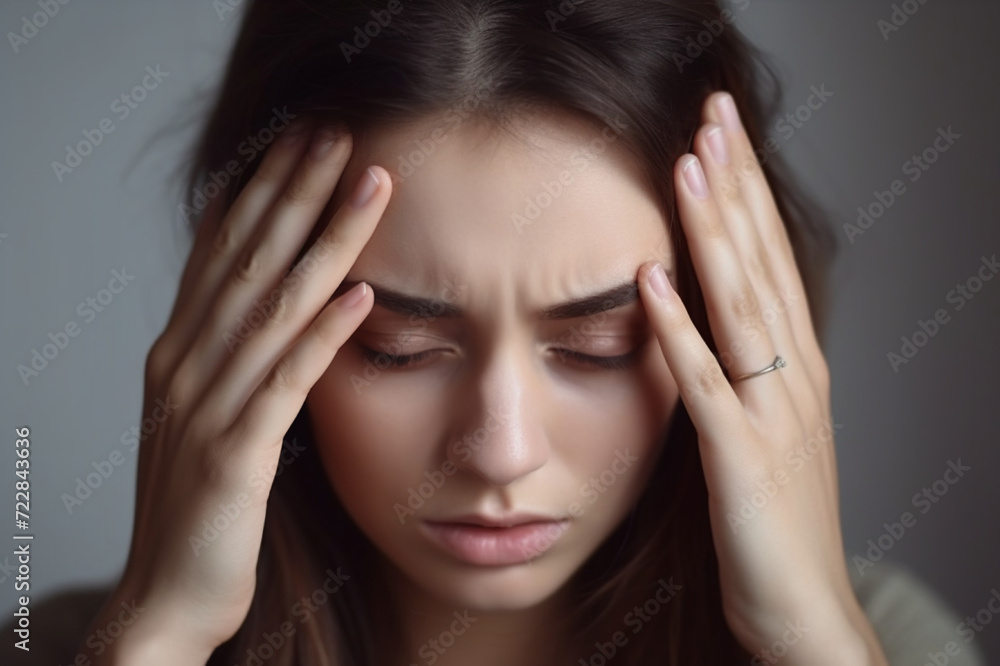 Headache Struggle: Young Woman Expressing Discomfort and Pain, Holding Her Temples with a Painted Expression, Against a Calm Light Background Headache Struggle: Young Woman Expressing Discomfort and Pain, Holding Her Temples with a Painted Expression, Against a Calm Light Background
