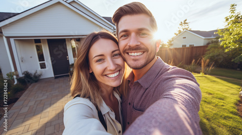 Couple taking selfie in front of their new house on a sunny day