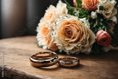 Close-up of bouquet with 2 rings on wooden table Valentine ring ,anniversary ring , wedding ring