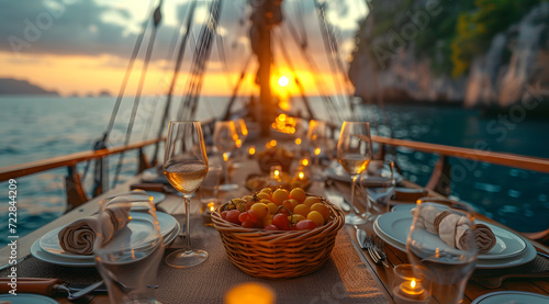 Dinner setup on a sailboat at sunset with wine glasses and a basket of fruit, with a blurred coastal background.