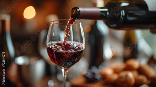 Red wine being poured into a glass with a blurred background of a dinner setting. photo