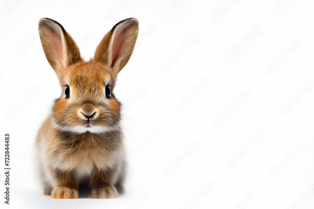 Fototapeta premium Funny bunny or baby rabbit for Easter Day isolated on white banner. Happy Easter. Place for text