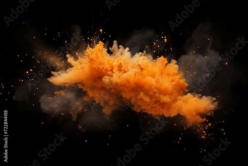 Orange explosion with dust cloud on black background - abstract vector illustration