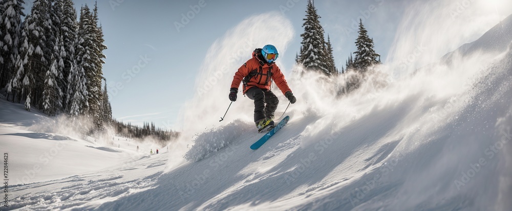 Extreme snowboarder has fun riding fresh powder snow off piste in white mountains. Pro rider snowboarding and carving freshly fallen snow in mountain wilderness