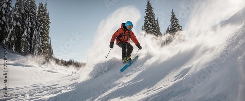 Extreme snowboarder has fun riding fresh powder snow off piste in white mountains. Pro rider snowboarding and carving freshly fallen snow in mountain wilderness