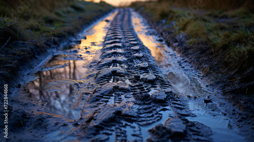Wet tire track on muddy road photo