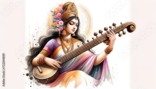 Illustration of the saraswati puja for vasant panchami in watercolor style. photo