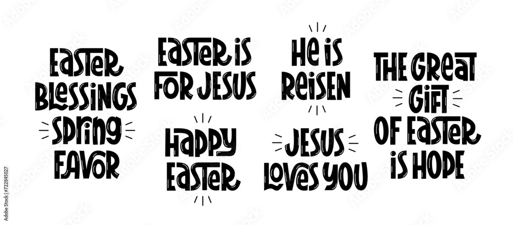 Obraz premium Easter Religious Quotes Vector Hand Lettering. Happy Easter Greeting, Jesus Loves You, He is Reisen, Easter is for Jesus Phrases. Religion Holiday Slogan.