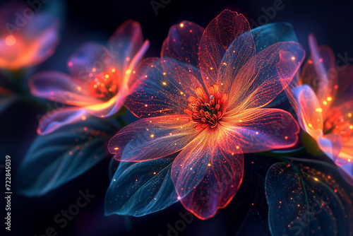 Neon fantastic flowers on a black background