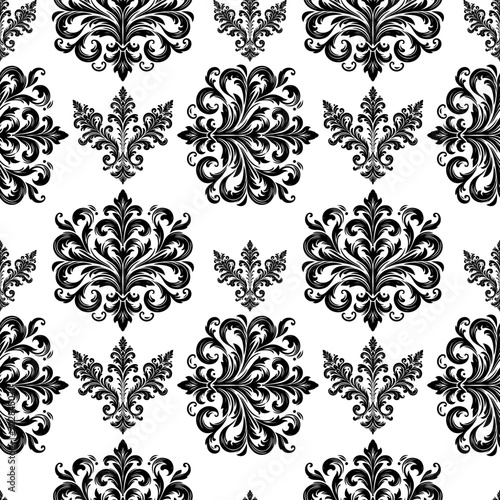 Damask Fabric textile seamless pattern Luxury decorative Ornamental floral divider Black line vintage decoration element white Background