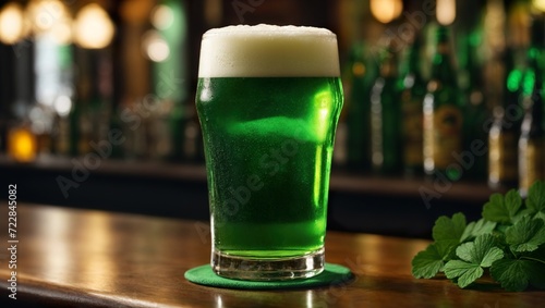 Chilled on a bar counter, a glass of vibrant green beer, a festive staple served in pubs during St. Patrick's Day, tempts with its refreshing allure.