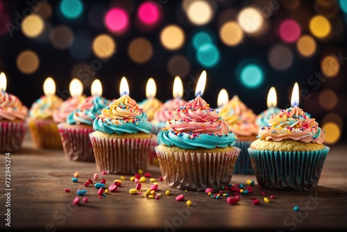 Row Of Colorful Cupcake With Candles And Bokeh Lights