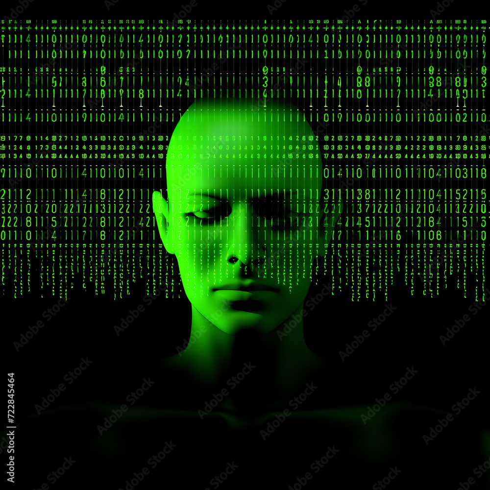 dissolving human head made of green binary numbers dissolving human head made of green binary numbers