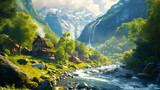 Fantastic summer landscape with mountain river and village