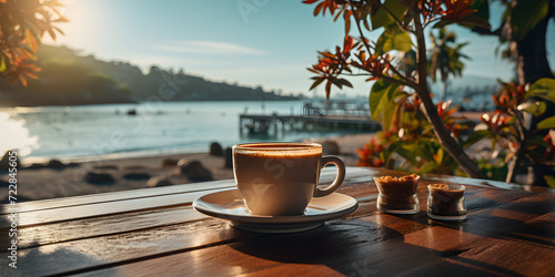 A Cup of Coffee on a Beachside Wooden Table, With a Beautiful Sea View