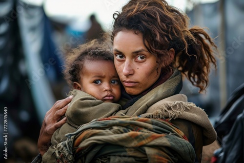 Young homeless woman holds baby in her arms. Refugee camp, place of temporary refuge, integration of migrants and immigrants, Generative AI 