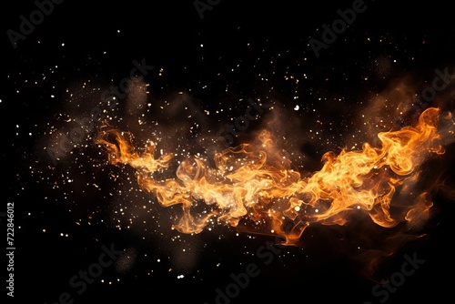 Sparks and embers flying up in the dark sky  creating a dazzling light effect on a black background