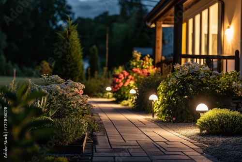 Modern gardening landscaping design details. Illuminated pathway in front of residential house. Landscape garden with ambient lighting system installation highlighting flowers, Generative AI  photo