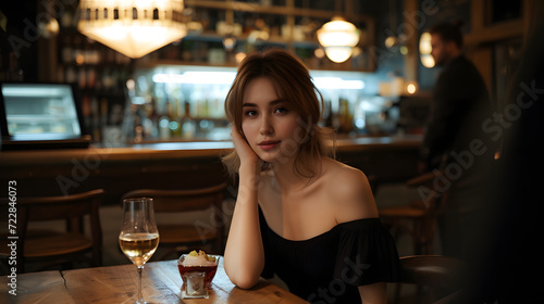 Elegant woman sitting at a bar with a glass of wine and dessert, warm ambient lighting. © Gayan