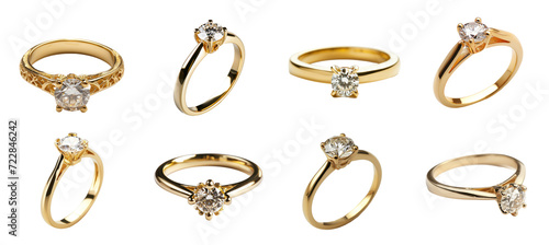 Set of gold wedding ring with a diamond, cut out - stock png.