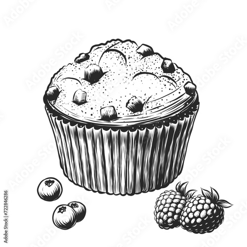 Vector sketch illustration of Muffin with blueberries, raspberries and chocolate pieces. Vintage sketch engraving style isolated on white background for pastry menu, design window, cafe, bakery.