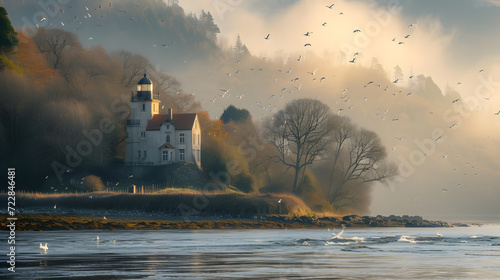 A coastal lighthouse, with seagulls and budding trees as the background, during the arrival of migratory birds in spring photo