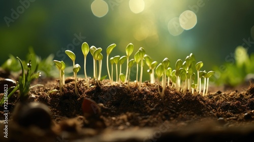 Green young plant sprout growth in the fertile soil with sunlight for photosynthesis. Eco nature background concept for campaign and advertisement. photo