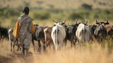 Young Masai herders herd and protect their cattle in savannah with giraffes background
