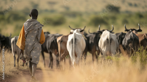 Young Masai herders herd and protect their cattle in savannah with giraffes background photo