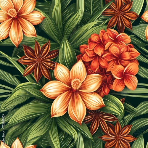 Exotic Flora and Spice Seamless Art for Packaging, Stickers, Boxes with Star Anise, Tropical Flowers