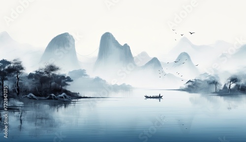 watercolor painting of mountains with birds and a boat
