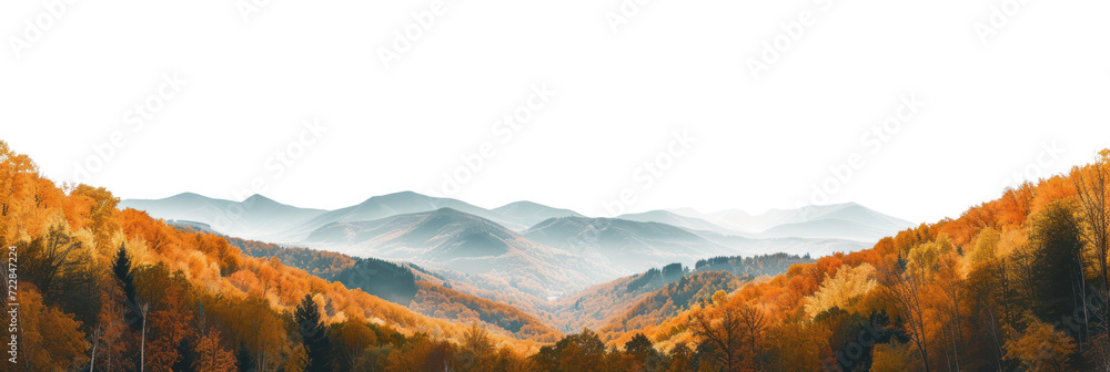 Panorama of a mountain autumn landscape, cut out - stock png. - obrazy, fototapety, plakaty 