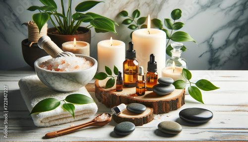 Natural Spa with Essential Oils Himalayan Salt and Lit Candles ,A serene spa composition with essential oil droppers, lit candles, bath salt, and fresh greenery on a rustic wooden surface. 