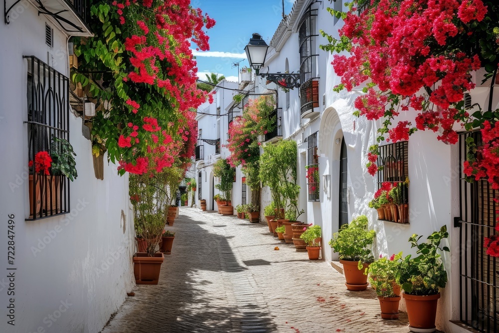 Picturesque narrow street in Spanish city old town. Typical traditional whitewashed houses with blooming plants, flowers, cobbled street in a small cozy town in, Generative AI 
