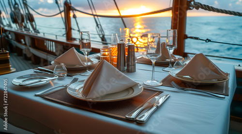 Elegant outdoor dining setup on a boat at sunset with ocean view, featuring a table set with plates, glasses, and napkins.