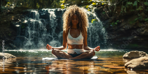 Woman Meditating in Tranquil Forest with Sunbeams and Waterfall

