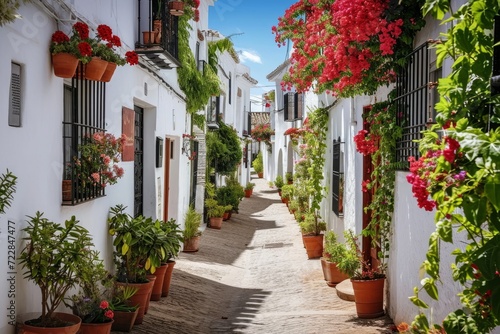 Picturesque narrow street in Spanish city old town. Typical traditional whitewashed houses with blooming plants, flowers, cobbled street in a small cozy town in, Generative AI  photo